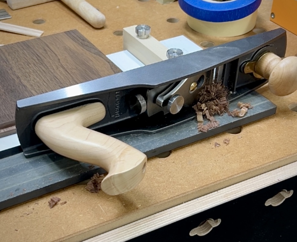 The Melbourne Tool Company Low Angle Jack Plane being used on its side with a shooting board